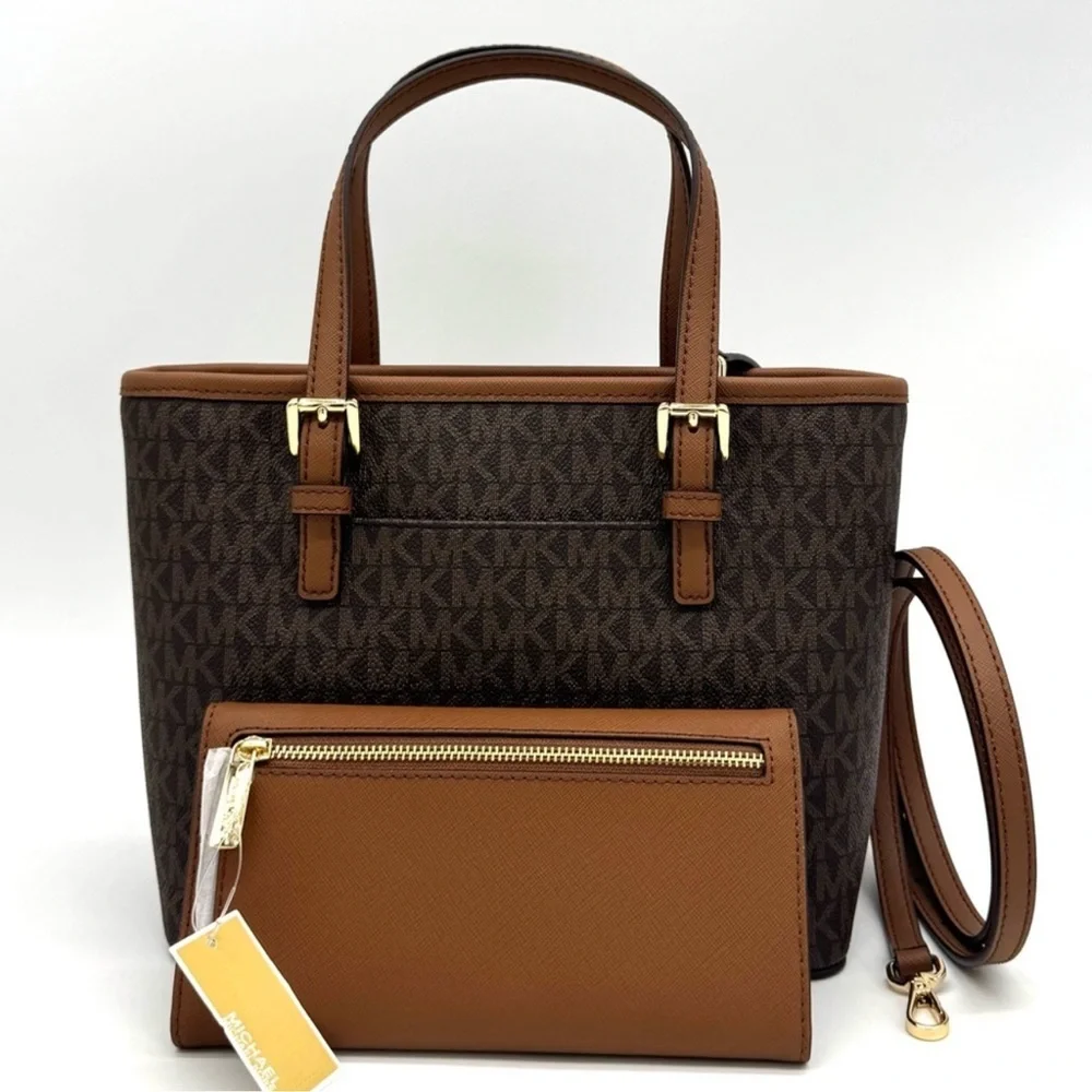 Michael Kors Jet Set Travel Extra-Small Top-Zip lote Bag & Trifold Wallet Brown
